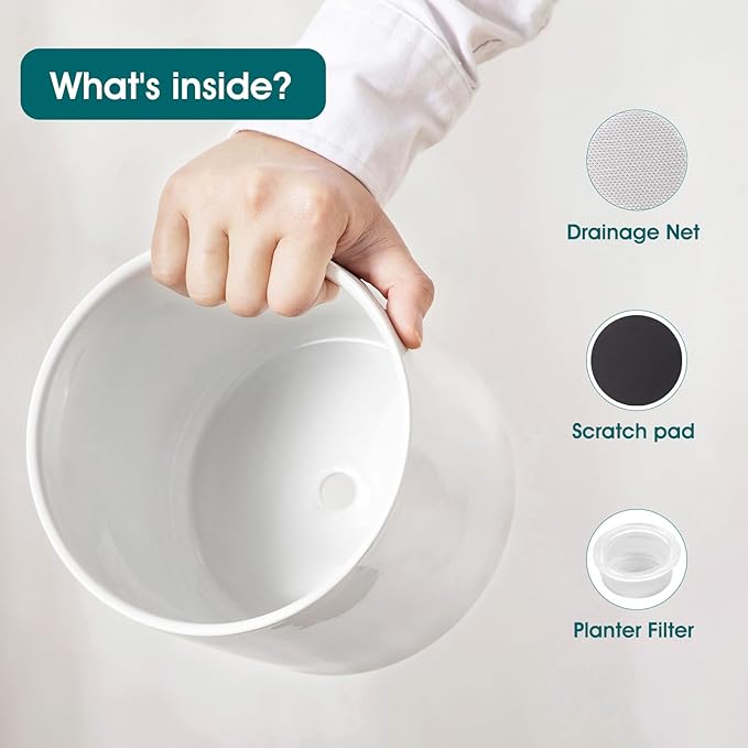 vancasso 8 Inch Ceramic Pot for Plants, Round Outdoor Indoor Planter Pots with Drainage Holes, White