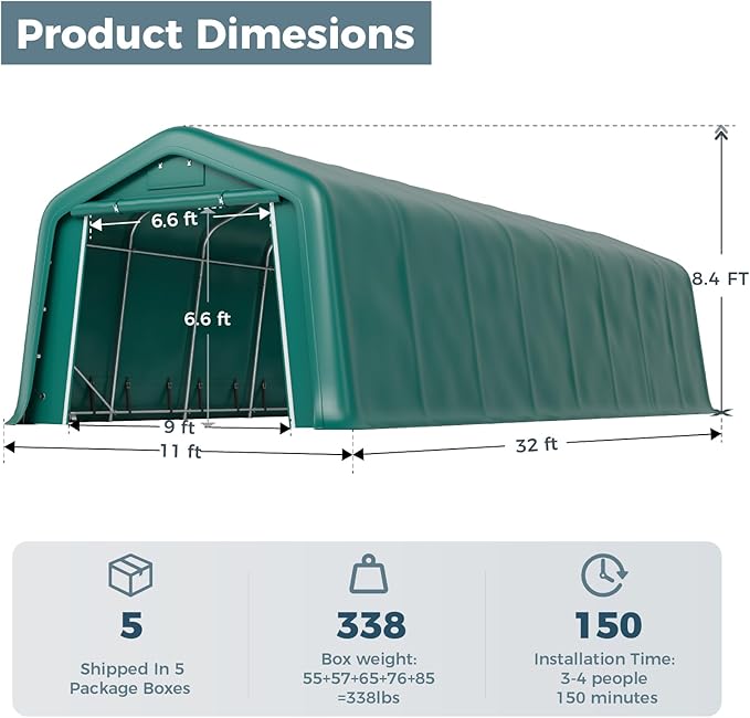 GREEN PARTY 11' x 32' Heavy Duty Carport, Portable Storage Shelter Shed Outdoor Carport with Roll-up Zipper Door & Vents, Storage Car Canopy Car Tent Garage for SUV, Truck and Boat, 200g PE Cover