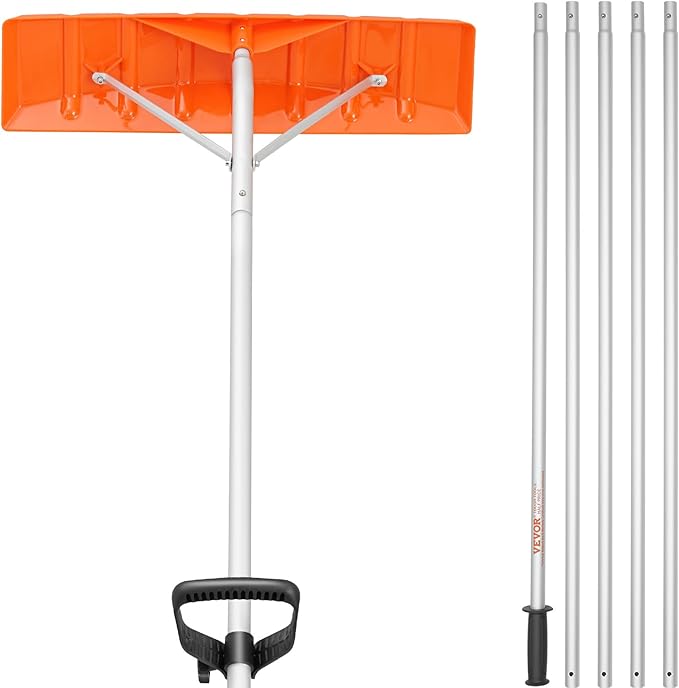 VEVOR Snow Roof Rake, 21ft Reach Aluminium Handle, 25" Plastic Blade Snow Removal Tool, Superior Roof Shovel with Anti-Slip Handle Grip, Easy to Setup & Use for House Roof, Wet Leaves, Car Snow