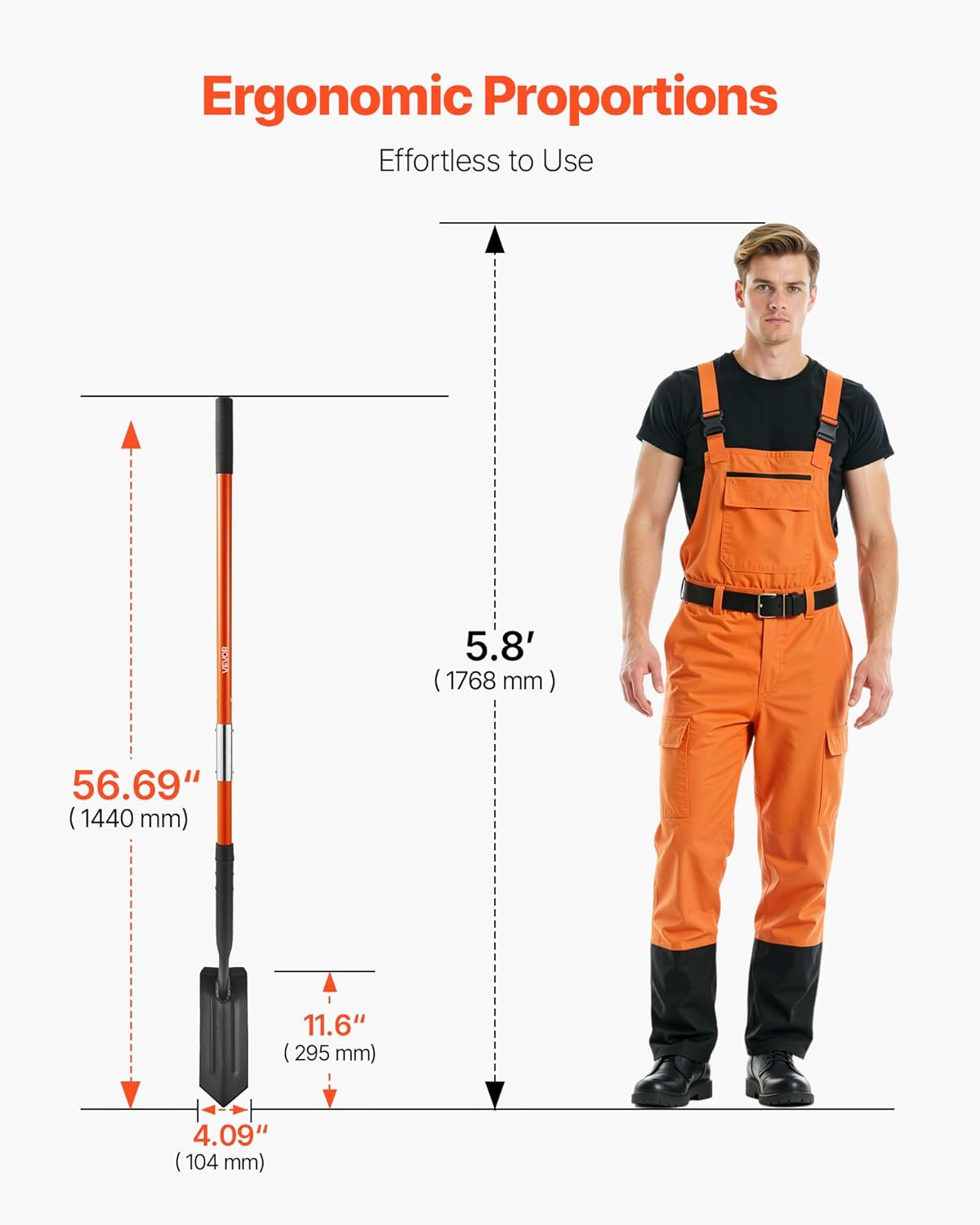 VEVOR Trench Shovel, 4 in Blade Heavy-Duty Trenching Shovel, Narrow Spade Trench Digger with Fiberglass Handle and Non-Slip Grip, for Gardening, Digging Holes, Trenching, and Planting, 56 in Long