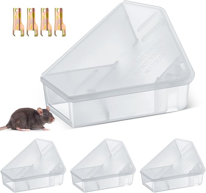 Qualirey 4 Pcs Mice Station with Key Triangle Bait Station Reusable Rodent Trap Bait Box, Keeps Children and Pets Safe Indoor & Outdoor, Bait Not Included, Suitable for Small Mice (Translucent)