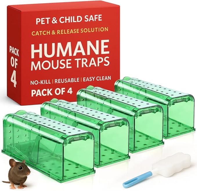 Humane Mouse Trap Pack of 4 - No Kill - Live Mouse Traps Indoor for Home Use - Reusable Rodent Traps for House Indoor, Safe & Effective Rat Trap Outdoor - Humane Mice Control with Cleaning Brush
