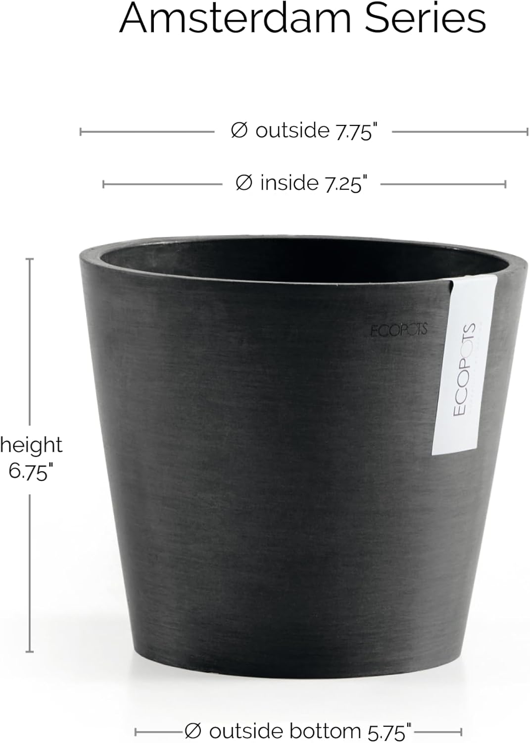 Ecopots Amsterdam Durable Modern Round Indoor/Outdoor Recycled-Based Composite Flower Pot Planter, Dark Grey, 8"