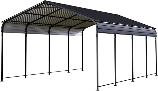 12x20 FT Heavy Duty Metal Carport, Outdoor Car Shelter with Galvanized Steel Roof and Reinforced Base, All-Weather Garage Canopy for Cars, Trucks, Boats, and More, Anthracite