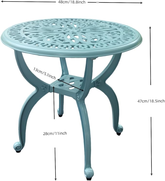 KAILI Outdoor Cast Aluminum Side Table Patio Side Table Backyard, Pool, Indoor, Easy Maintenance and Weather Resistant Coffee Table Porch Table Bistro Table (18.5round-Light Blue)