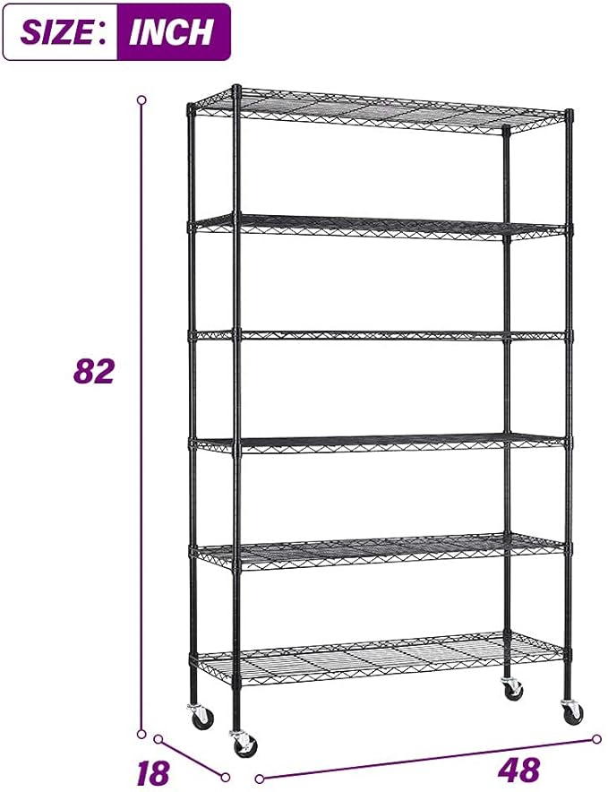 FDW 48"L×18"W×82"H Wire Shelving Unit Storage Cart Metal Shelf Rolling Utility Cart 2100Lbs Capacity with 6 Tier Casters Adjustable Layer Rack Strong Steel for Restaurant Garage Pantry Kitchen,Black