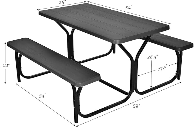 Giantex Picnic Bench Set Outdoor Camping All Weather Metal Base Wood-Like Texture Backyard Poolside Dining Party Garden Lawn Deck Large Picnic Tables for Adult (Black)