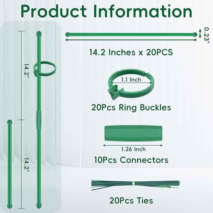 Plant Stakes, 20Pcs Plant Support Stakes Extended to 3ft 4ft 5ft, BOVITRO Garden Stake with Clips for Indoor Outdoor Plants, Orchid Sticks, Tomato Amaryllis Vegetable Stakes for Garden (14.2Inch)