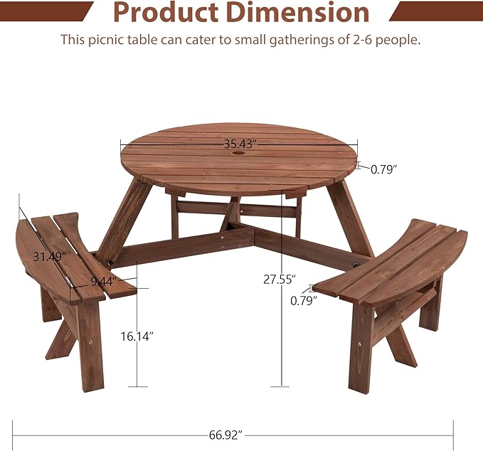 6-Person Outdoor Circular Wooden Picnic Table with 3 Built-in Benches Camping Dining Table for Garden Patio Backyard,Brown