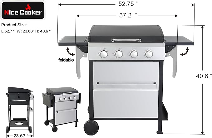 4-Burner Flat Top Propane Gas Grill Stainless Steel Griddle Combo with Foldable Side Table, 49,200 BTU Outdoor BBQ Grill, Porcelain-Enameled Cast Iron Grids, for Backyard, Patio Cooking