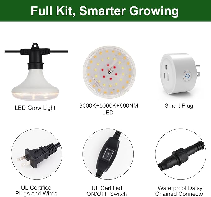 Outdoor Grow Lights Waterproof, Full Spectrum String Grow Light with 22FT Light String Cord for Seedling, Veg, Flower in Greenhouse, Garden, Backyard, Farm (12 Lights, with Smart Plug)