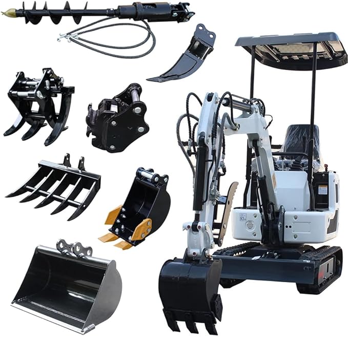 Mini Excavator for 1 Ton B&S Engine with Hydraulic Thumb Clamp,Standard Bucket, 200mm Bucket,Ripper, Mud Bucket, Rake, Auger,Grapple, Quick Change Attachments (W 7 attachments-2)