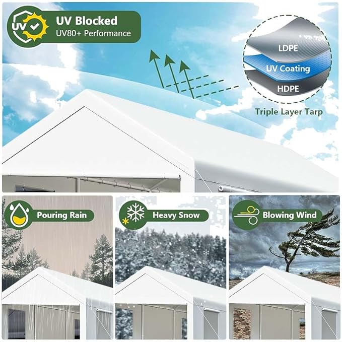 Carport, 12x20 ft White Heavy Duty Carport with Roll-up Windows, Portable Garage with Removable Sidewalls & Doors, Car Canopy and All-Season Tarp for Car Boat Truck Motorcycle
