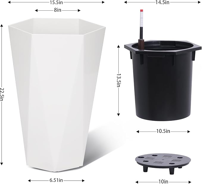 23 Inch Tall Outdoor Planters Set of 2, Self Watering Pots for Indoor Plants with Water Level Monitor & Drainage Hole & Wheels, Large Planter Pots for Garden, Patio, Balcony, White