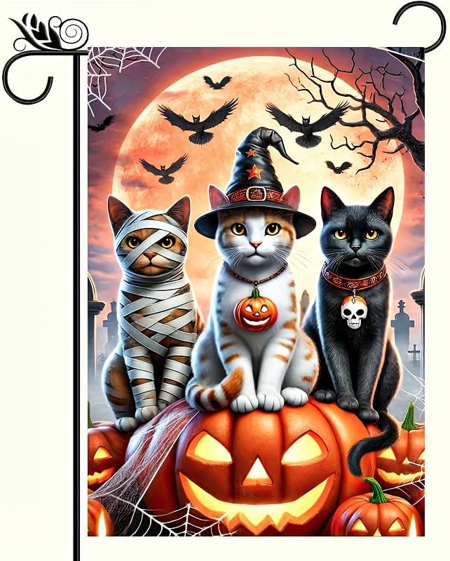 Cats Halloween Garden 12x18 Double Sided Flags Trick or Treat Holiday Pumpkin Garden Flag Cute Kitten Fall Holiday Yard Spooky Flag Winter Lawn Flags Farmhouse Outdoor Decor Banner