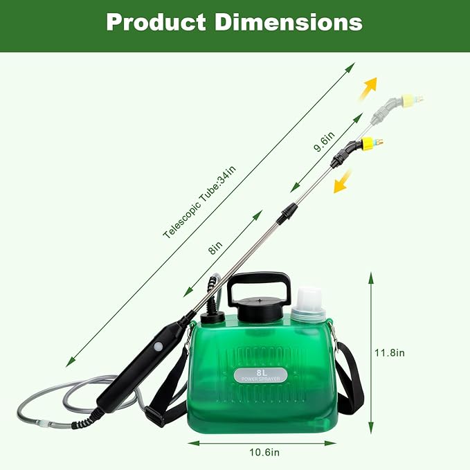 Battery Powered Garden Sprayer 2 Gallon, Upgrade Powerful Electric Sprayers with 3 Mist Nozzles, Retractable Wand, Garden Sprayers with Adjustable Shoulder Strap for Lawn,Cleaning