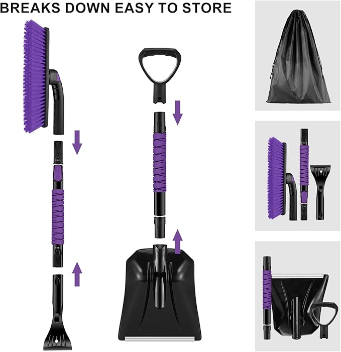 Odoland Ice Scraper with Snow Brush and Snow Shovel, 35" Extendable Snow Remover with Foam Grip, 360° Pivoting Brush Head for Car Windshield, Emergency Snow Scraper for SUV Truck Vehicle, Purple