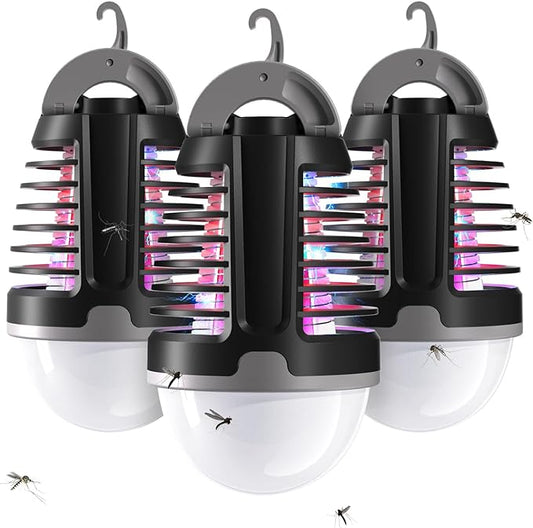 Portable Bug Zapper Outdoor Indoor, Electric Mosquito Fly Killer Lamp with Three Lighting Mode, USB Rechargeable Light Bulb Zapper for Camping, Home, Patio (3 Pack)