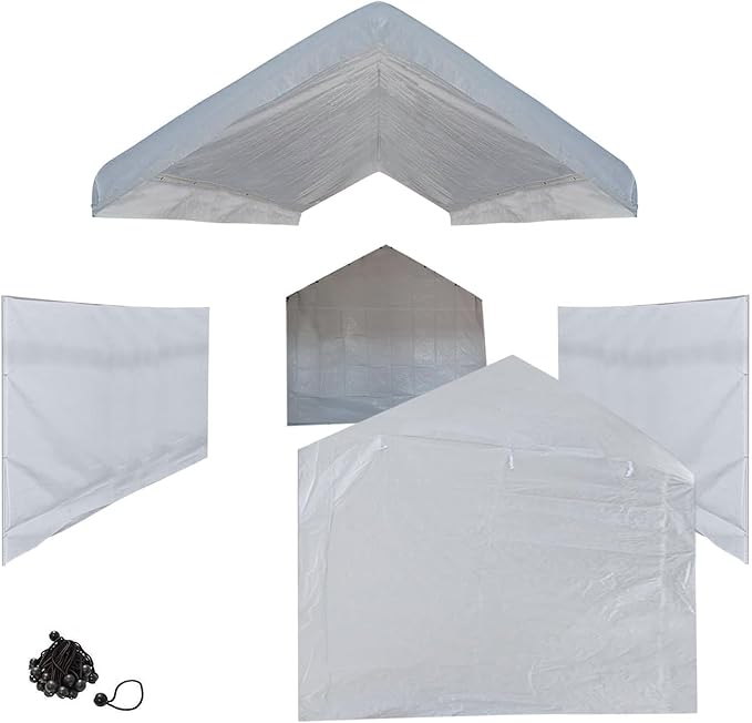 10x20 White Canopy Carport Cover Set with Valanced Top All 4-Side Walls and Top (5 Pcs Tarps Set, No Frame)
