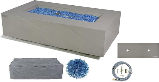 Elementi+ | Meteora Gas Fire Pit Cast Concrete 56" Rectangular Fire Table, Outdoor Fire Pit Electronic Ignition | Canvas Cover, Fire Glass and Burner Lid Included | Light Gray | Natural Gas