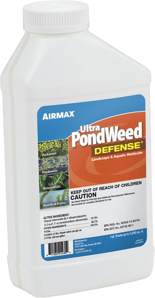 Airmax Ultra Pondweed Defense Aquatic Weed & Plant Killer, Easy Spray Application to Clean & Clear Large Pond & Lake Water, Liquid Treatment Control Concentrate, Fish Safe, 1 Quart