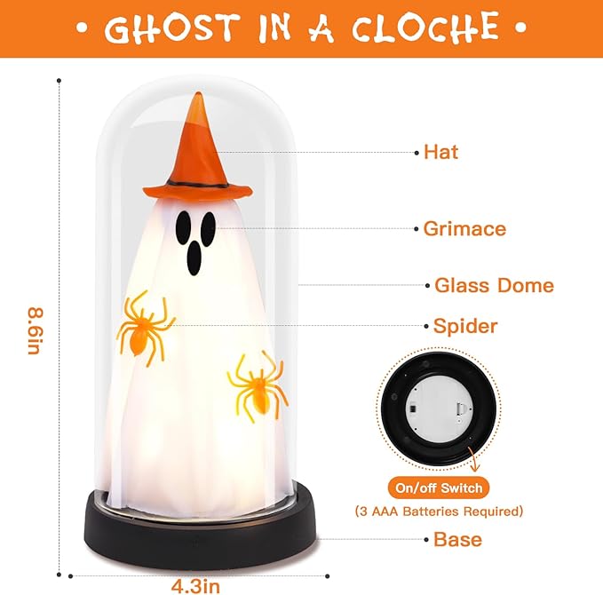 Halloween Decor-Halloween Decorations Indoor-Light Up Ghost in Glass Cloche-Cute Ghost with Light for Home Kitchen Mantel Tabletop Party Decor- Ghost-Orange