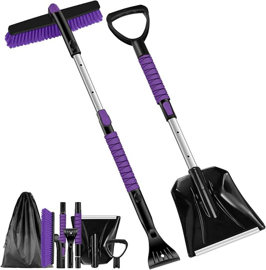 Odoland Ice Scraper with Snow Brush and Snow Shovel, 35" Extendable Snow Remover with Foam Grip, 360° Pivoting Brush Head for Car Windshield, Emergency Snow Scraper for SUV Truck Vehicle, Purple