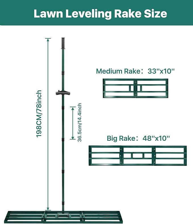 Lawn Leveling Rake 48x10'', Yard Leveling Rake with 78'' Back-Saving Adjustable Handle, Stainless Steel Lawn Leveler Tool for Garden, Backyard, Farm, Golf Course