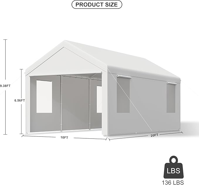 Carport, 10x20 ft White Heavy Duty Carport with Roll-up Windows, Portable Garage with Removable Sidewalls & Doors, Car Canopy and All-Season Tarp for Car Boat Truck Motorcycle