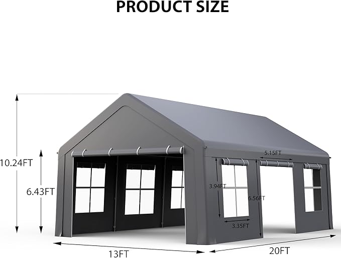13'x20' Heavy Duty Carport Portable Garage, Outdoor Car Port with 180 g PE All-Season Waterproof Canopy 3 Roll-up Doors and 5 Windows for Car, Truck, SUV, Boat, Gray