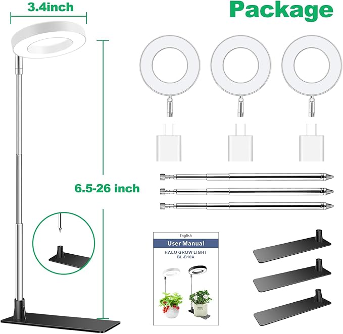 Grow Light, Full Spectrum Plant Lights for Indoor Growing with with 3/9/12H Timer, 3 Color Modes, 10 Brightness, 6.5"-26" Height Adjustable Halo Grow Light with Base, 3 Pack(3.4in)