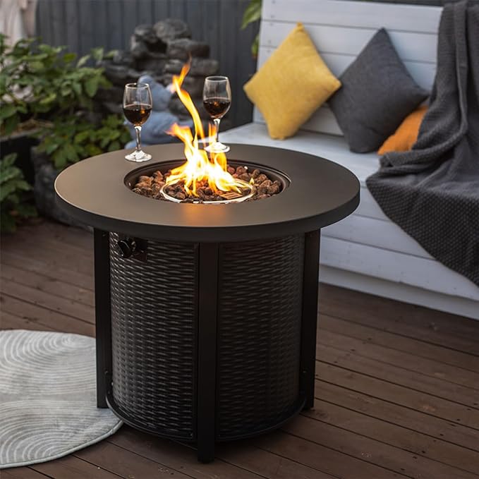 30'' Round Propane Fire Pit Table, 50,000 BTU Steel Gas FirePit for Outdoor, Fire Table with Lid, Add Warmth & Ambience to Gatherings and Parties On Patio Deck Garden Backyard, Black.