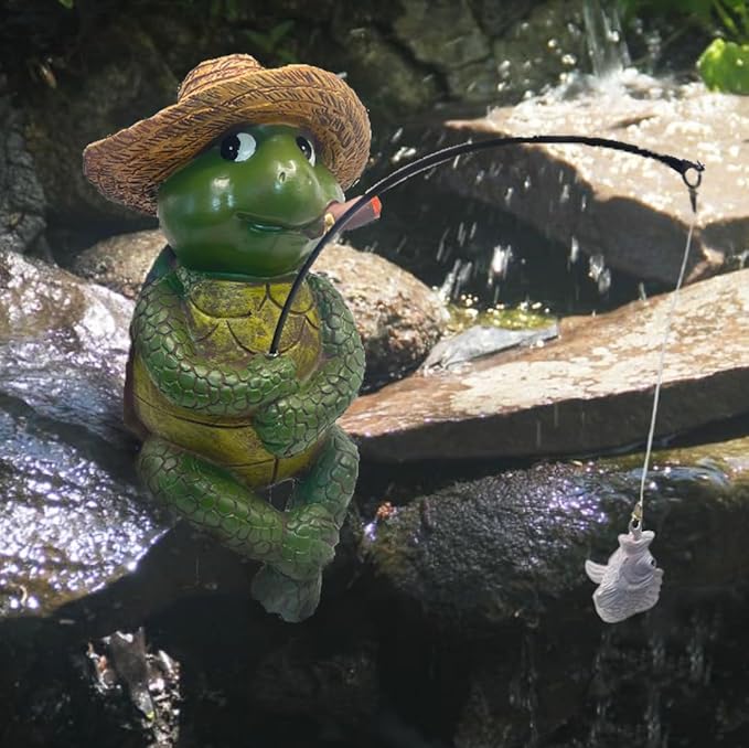 Tortoise Fishing Statue Garden Decor，9.8" Weatherproof Resin Tortoise Fishing Sculpture Decor for Fish Ponds, Koi Ponds, Waterfalls, Poolside Outdoor Gardens Resin Figurine for Indoor Outdoor Décor