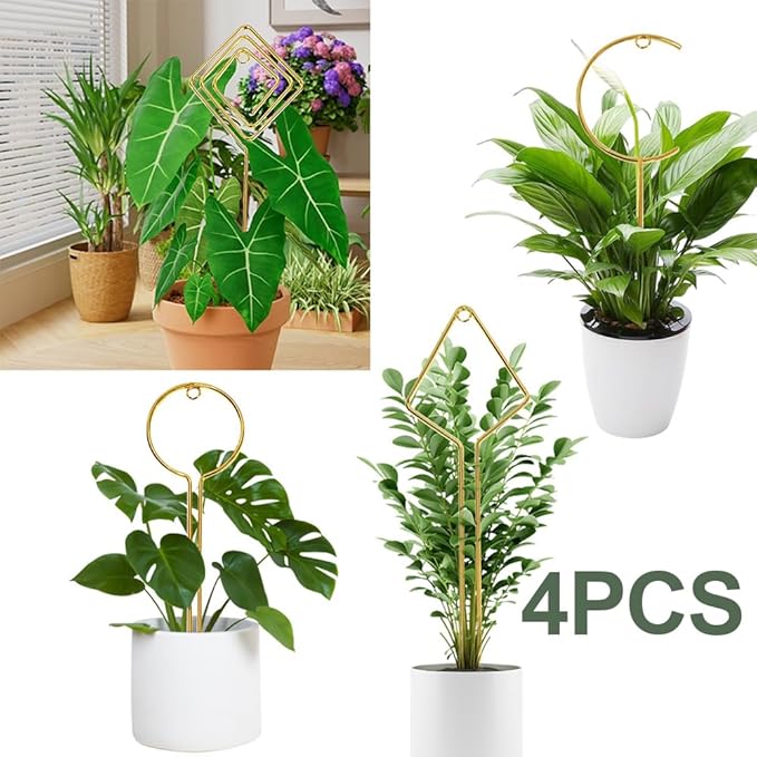 Plant Climbing Support - 4 Pack Small Metal Trellis for Climbing Plants Indoor, 15.7 Inch Indoor Plant Trellis with Different Patterns, Vine Plant Support for Flower Pothos (Gold)