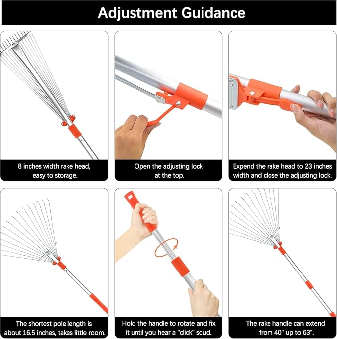 Buyplus Adjustable Garden Leaf Rake - 24 to 63 Inch Telescopic Metal Expandable Folding Leaves Rake, Metal Rake for Leaves, Yard Rakes for Lawn Yard, Flowers Beds, Orange