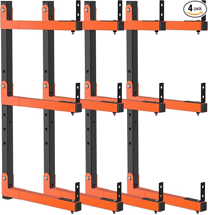 27" Lengthened Lumber Storage Rack Wall Mount, 6-Hole Adjustable Wood Organizer Folding Lumber Storage Metal Rack Outdoor Indoor(4 Pack)