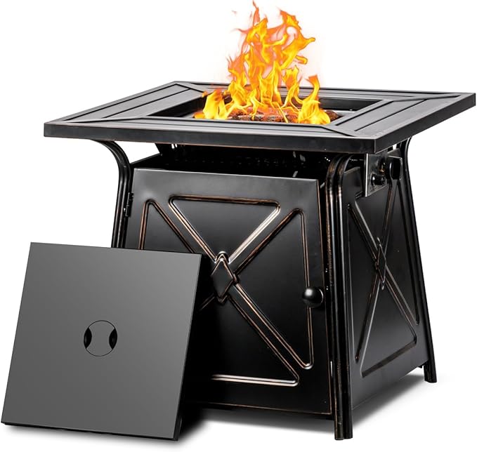28 inch Propane Fire Pit Table,Gas Fire Pits Table for Outside,50000 BTU Propane Firepit with Lid &Lava Rocks,Gas Firepit for Garden,Yard (Black)