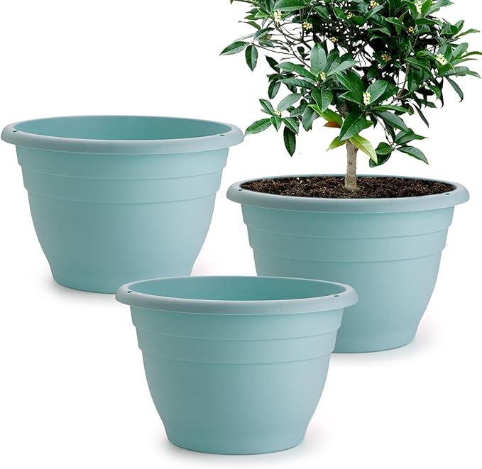 3 Pack 11 Inch Plant Pots with Drainage Hole and Plug, Durable Plastic Flower Pots for Indoor & Outdoor Plants, Elegant Mordern Plant Pots Perfect for Herbs, Flowers & Succulents, Blue