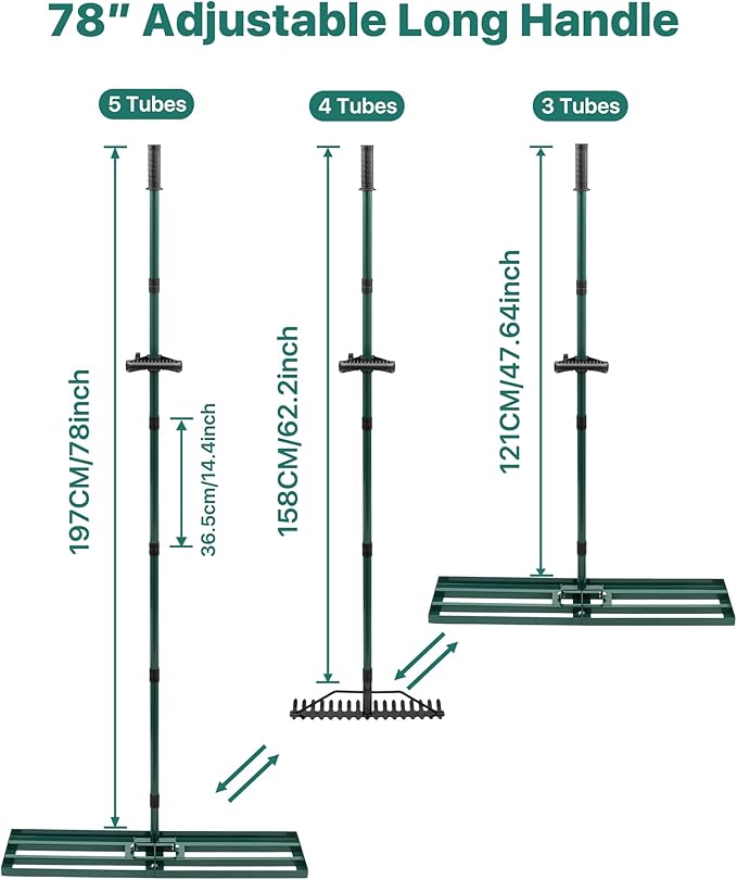 Lawn Leveling Rake 33x10'', Yard Leveling Rake with 78'' Back-Saving Adjustable Handle, Stainless Steel Lawn Leveler Tool with 17'' Tines Head for Garden, Backyard, Farm, Golf Course