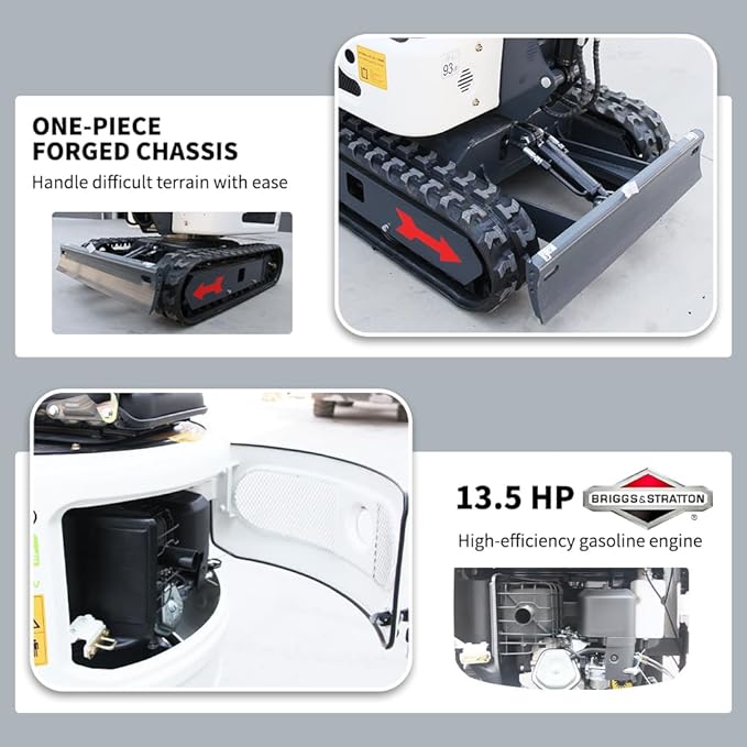 Mini Excavator for 1 Ton B&S Engine with Hydraulic Thumb Clamp,Standard Bucket,Broken Hammer,Ripper, Mud Bucket, Rake, Auger, Quick Change Attachments (W 6 attachments)