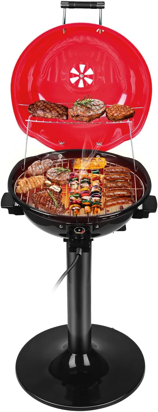 Electric BBQ Grill Techwood 15-Serving Indoor/Outdoor Electric Grill for Indoor & Outdoor Use, Double Layer Design, Portable Removable Stand Grill, 1600W (Stand Red BBQ Grills)
