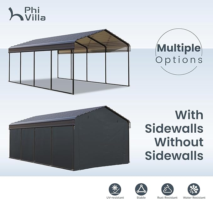 PHI VILLA 12 x 20 ft Carport Metal Carports with Galvanized Steel Roof with Sidewalls Enclosure Kit, Sturdy Heavy Duty Metal Carport for Cars, Boats, and Tractor
