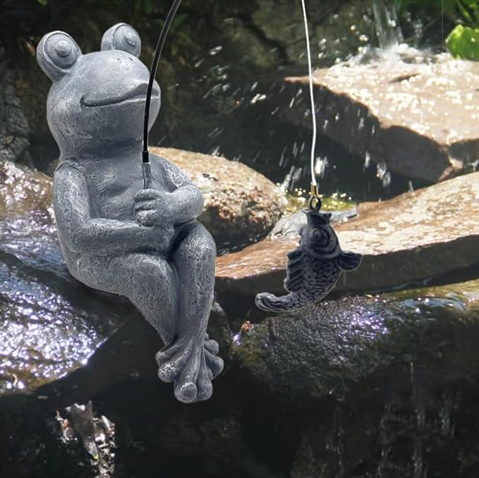 Frog Fishing Statue Garden Decor – 9.8" Weatherproof Resin Frog Fishing Sculpture Decor for Fish Ponds, Koi Ponds, Waterfalls, Poolside & Outdoor Gardens– Resin Figurine for Indoor & Outdoor Décor