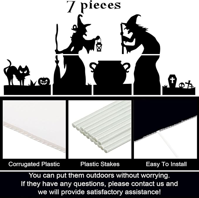 5FT Large Outdoor Witch Silhouette Halloween Decorations, Spooky Halloween Witch, Black Cat and Cauldron Set, Scary Yard Decor for Home, Party, Waterproof, Durable and Easy Setup with Stakes