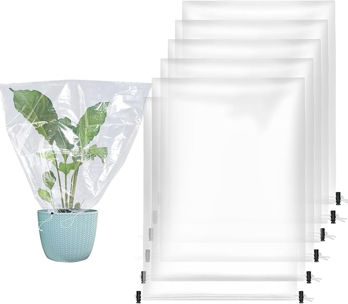 ANPHSIN 6 Pcs Winter Plant Cover Freeze Protection - 23.6" x 31.5" Plastic Plant Frost Bags with Drawstring, Transparent Waterproof Plant Shelter Coverings for Outdoors Garden Potted Plants