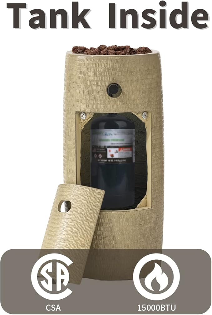 SUNBURY Outdoor Propane Fire Pit, Stone Like Fire Pit Table with Glass Wind Guard, Waterproof Cover, 15000BTUS Small Column Firepit Garden Lighting (Beige)