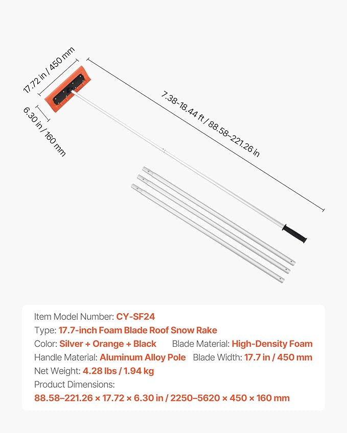 VEVOR Snow Roof Rake, 17.7 in Foam Blade, 7.3-18.4 ft Adjustable Roof Snow Scraper, Extension Tubes & Non-Slip Handle, Lightweight Snows Removal Tool for House Leaves Debris Clearing