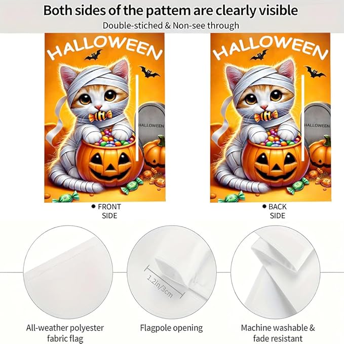 Halloween Garden Flag 11.81 x 17.72 Inch Cute Kitten in Mummy Costume with Pumpkin Candy Bucket Bats and Gravestone Outdoor Yard Decoration for Holiday Party