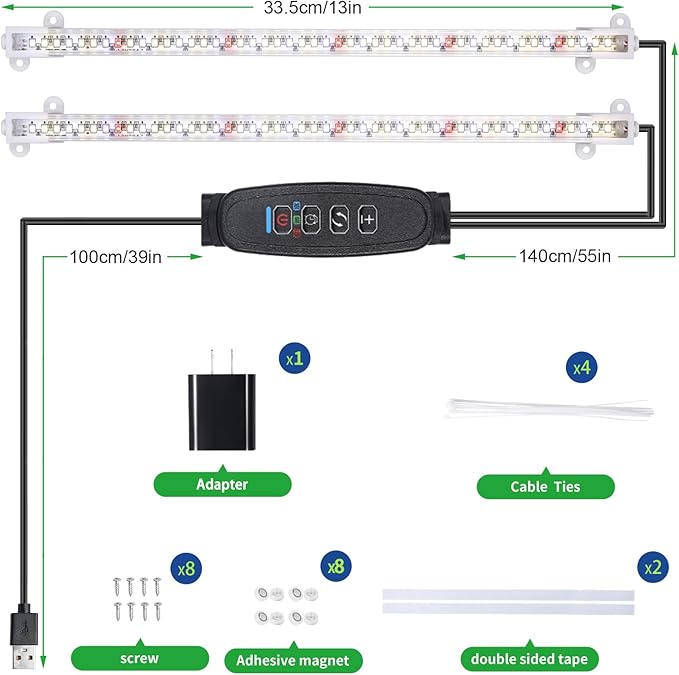 Two Strip Growing Lamp for Indoor Plants, Red & 3000K & 6000K Full Spectrum LED Grow Light Strips with Auto ON/Off 3/9/12H Timer,10 Dimmable Levels for Green House Succulent (13 in)