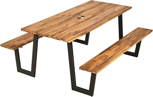 Tangkula Wooden Picnic Table, Outdoor Acacia Wood Picnic Table with 2 Built-in Benches, Umbrella Hole, Steel Frame, Outside Table and Bench Set for Garden, Backyard, Porch, Patio